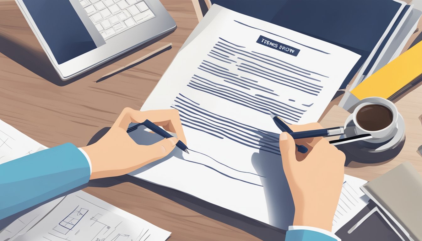 A hand holding a pen signing a document titled "Terms and Conditions UOB Private Home Loan Review Singapore." The document is placed on a desk with a laptop and a cup of coffee nearby