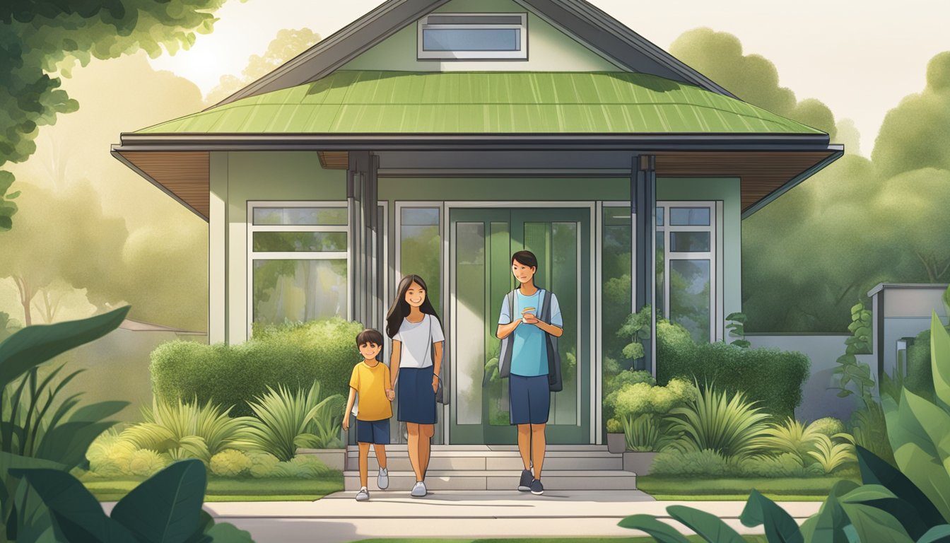 A family stands outside their eco-friendly home, surrounded by lush greenery. The UOB Sustainable Future Home Loan logo is displayed prominently on a sign nearby