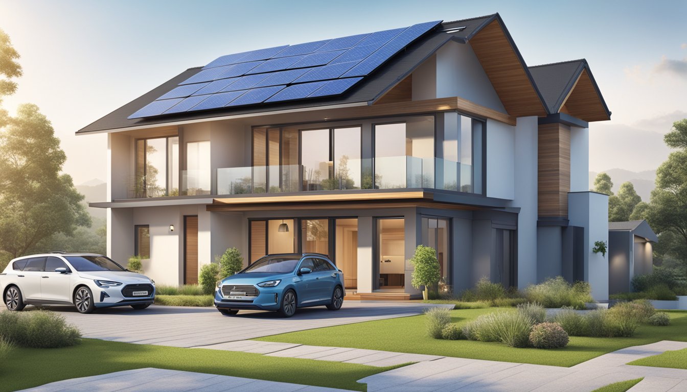 A modern home with solar panels, rainwater harvesting system, and energy-efficient appliances. UOB logo displayed with sustainable future home loan brochure