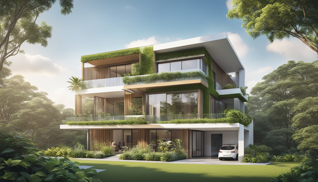A modern, eco-friendly home with solar panels and lush green landscaping, showcasing UOB Sustainable Future Home Loan in Singapore