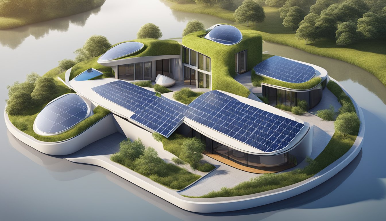 A futuristic home with sustainable features, solar panels, and greenery. UOB logo displayed prominently