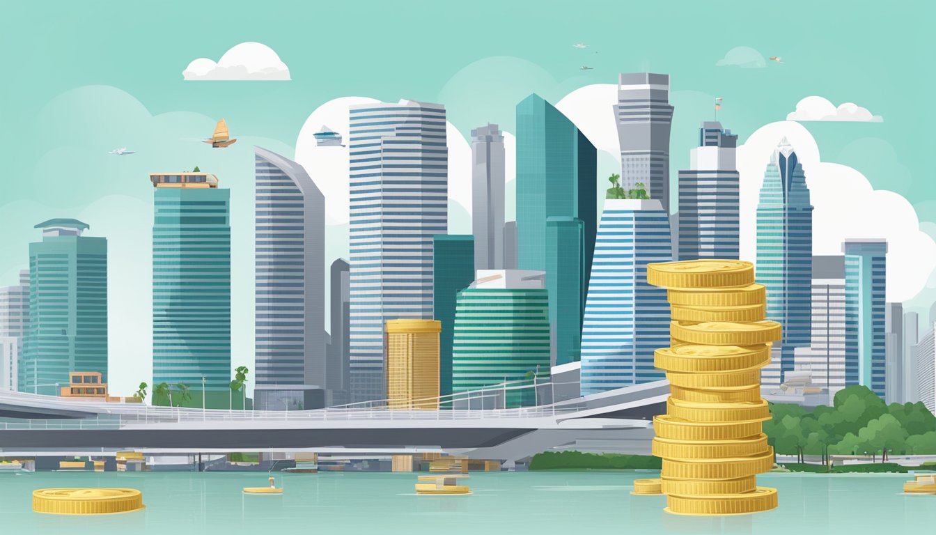 An architect's salary in Singapore is depicted through a skyline with iconic buildings and a stack of Singaporean currency notes