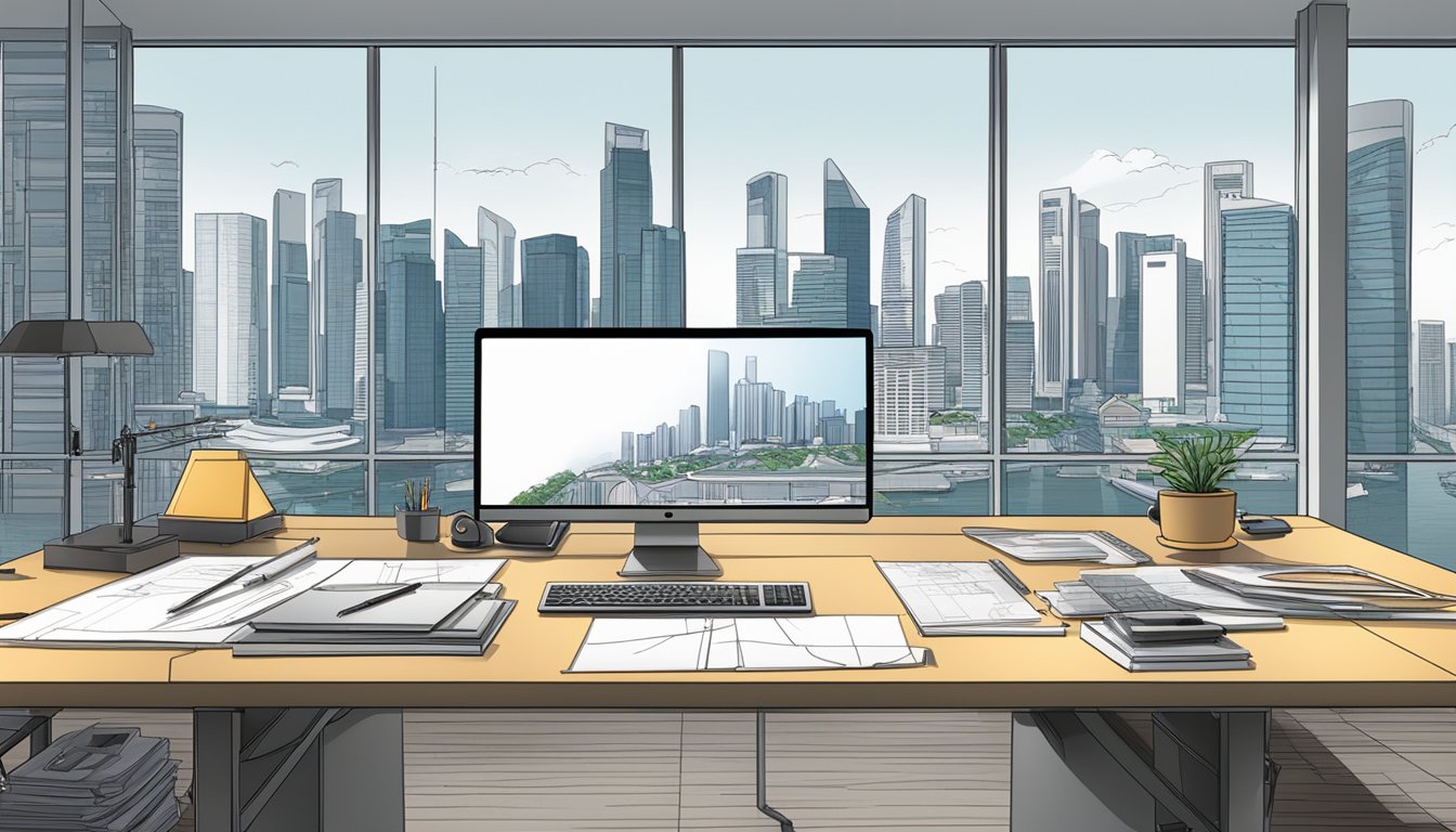 An architect's desk with a computer, drafting tools, and blueprints. A skyline of Singapore in the background