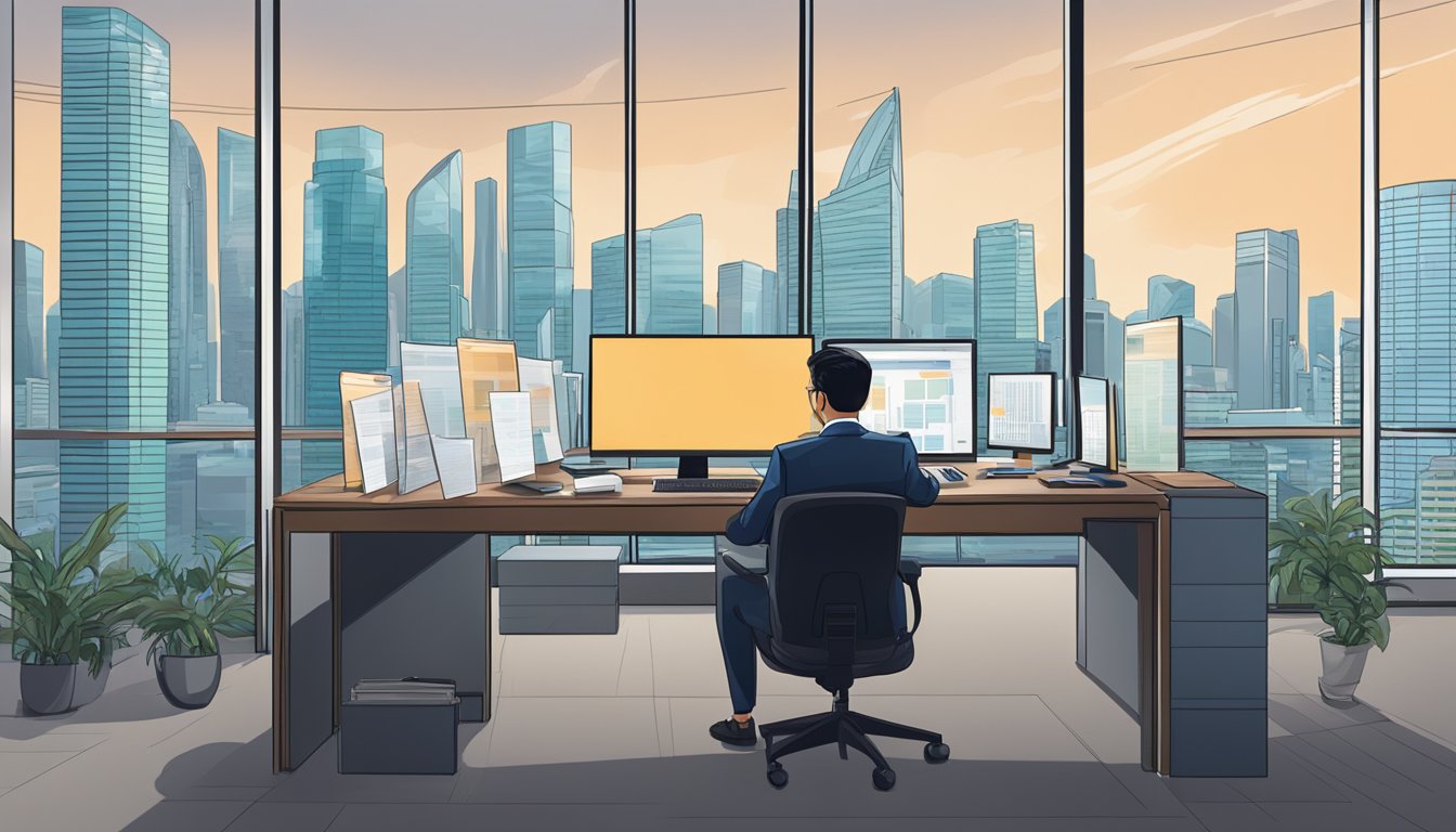A finance manager sits at a desk with a laptop and financial reports. A skyline of Singapore is visible through the window