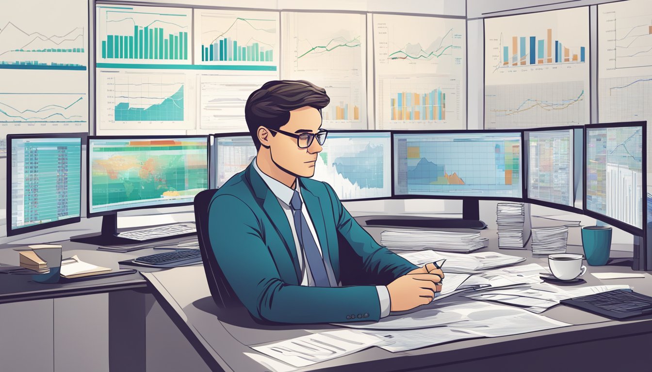A finance manager sits at a desk, surrounded by charts and graphs. A computer screen displays financial data. The manager is deep in thought, analyzing numbers and making strategic decisions