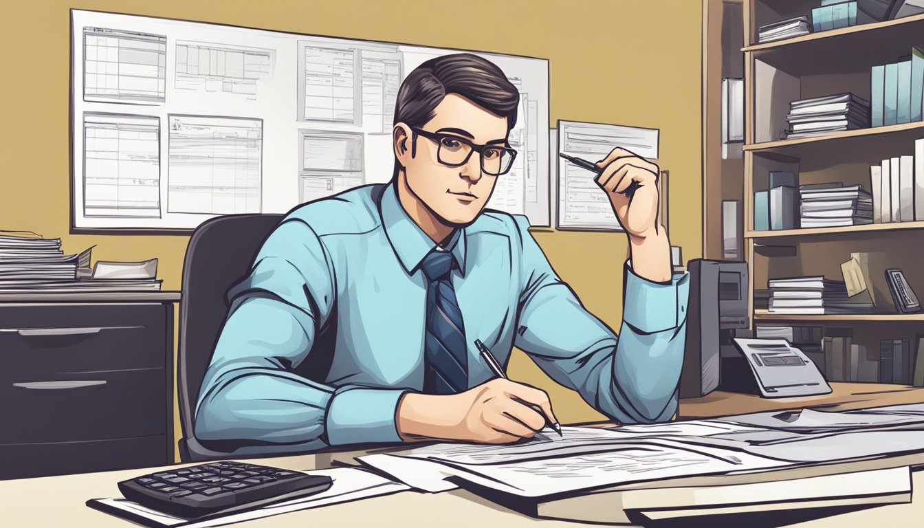 A finance manager sits at a desk with a computer, analyzing financial data and creating reports. A calculator, pen, and notebook are scattered on the desk. The manager is focused and determined