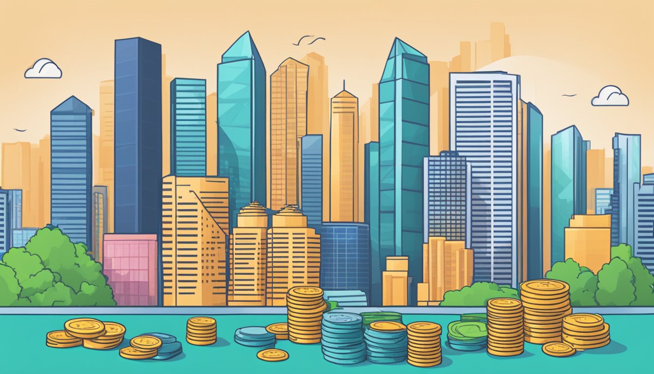 A bustling city skyline with a graph showing upward trends, a stack of money, and a calculator symbolizing financial success in Singapore