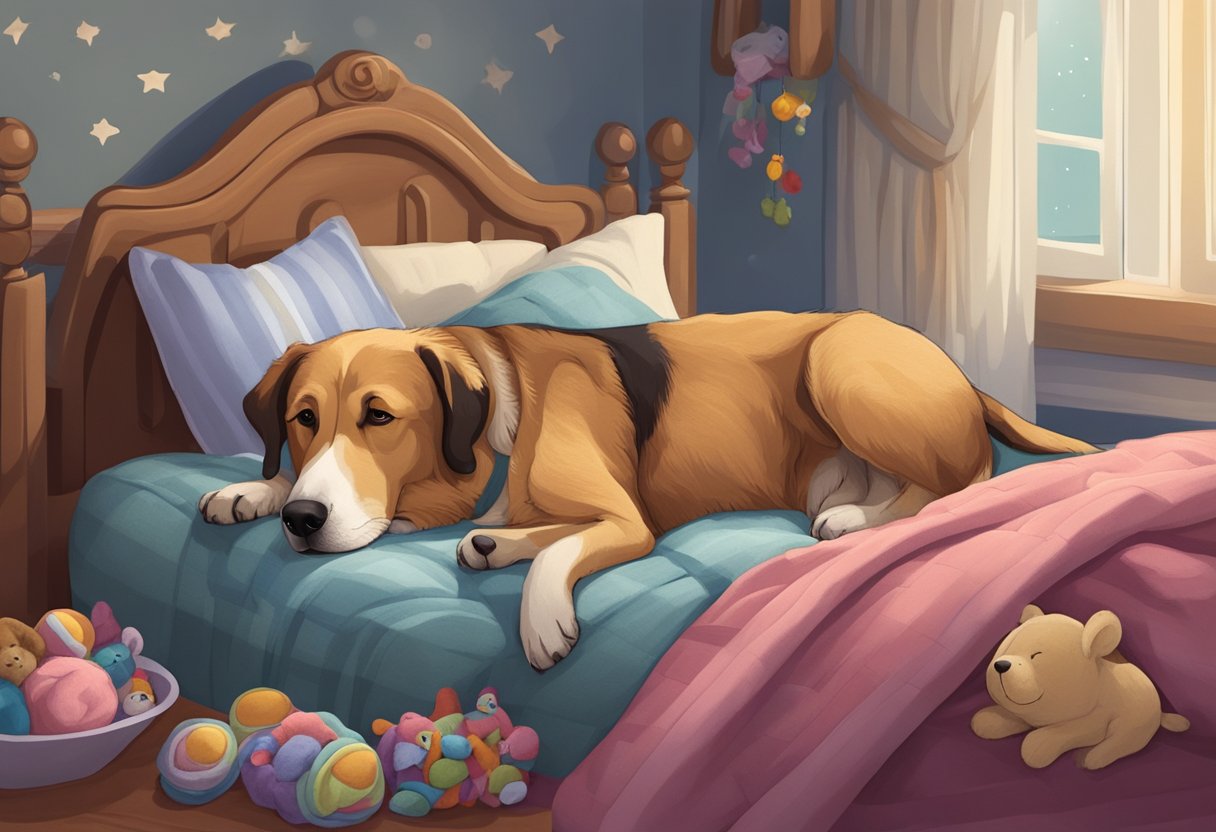 An old dog peacefully sleeps on a plush, cushioned bed surrounded by soft blankets and toys