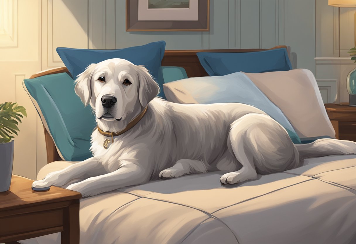 A senior dog lays comfortably on a plush bed, surrounded by supportive bolsters. The bed is elevated to ease joint pain and promote restful sleep