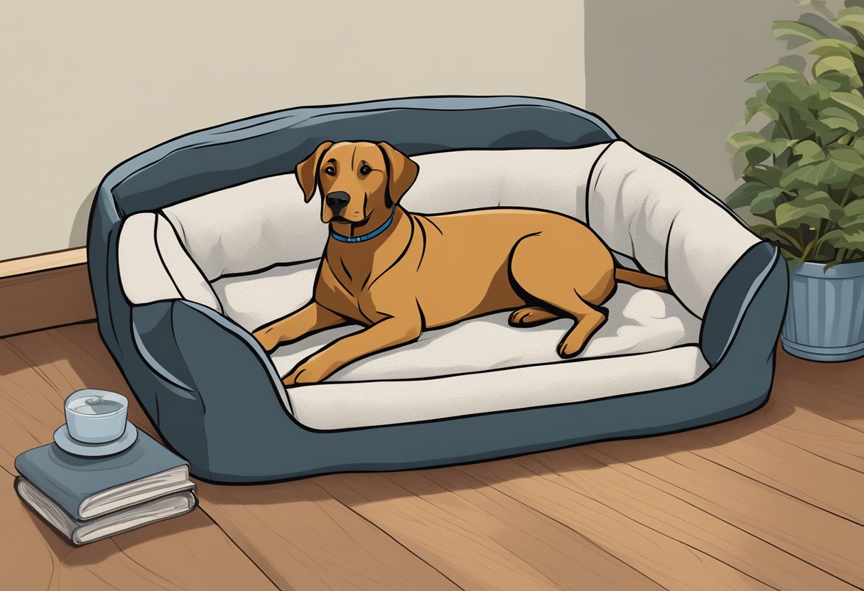 A senior dog bed is placed in a quiet, cozy corner with easy access to food and water. Soft, supportive bedding provides comfort and relief for aging joints