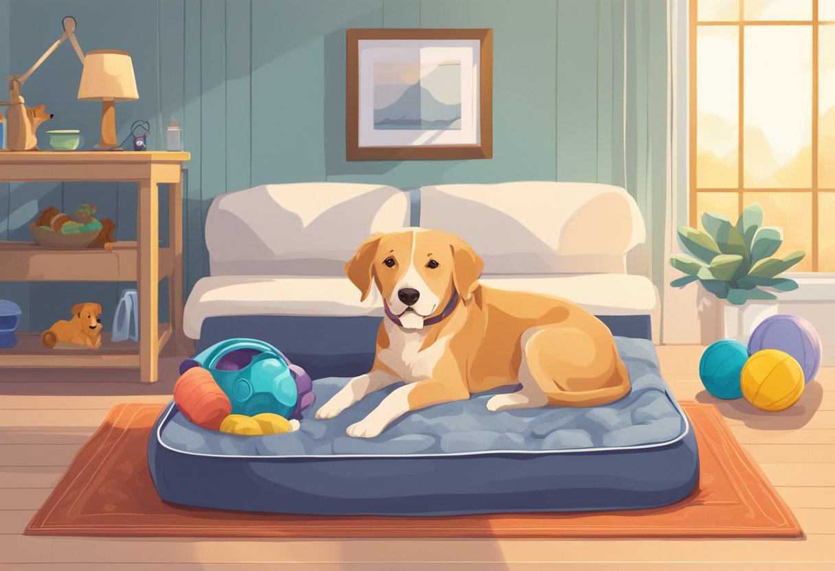 A senior dog is resting comfortably on a plush bed, surrounded by toys and a water bowl. The room is bright and inviting, with soft lighting and a cozy atmosphere