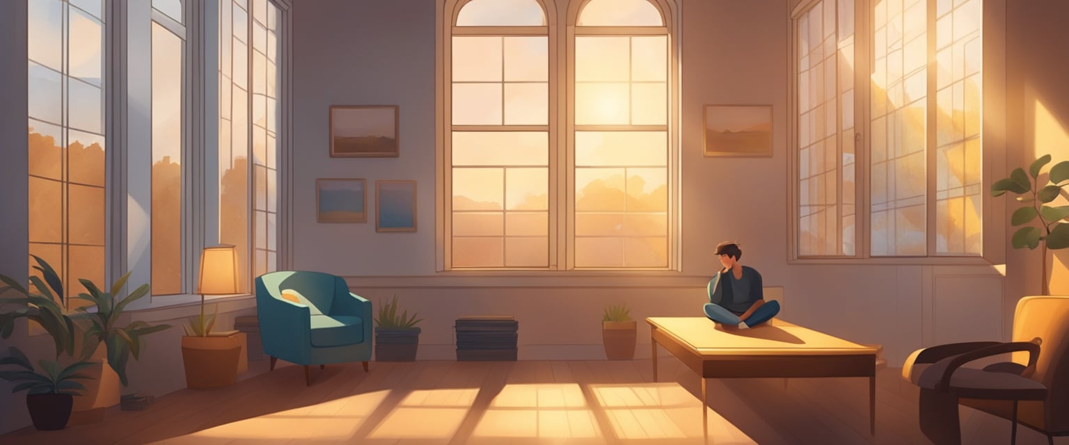 A person sits in a quiet room, eyes closed, visualizing their goals and affirming their success. Rays of light filter through the window, casting a warm glow on the serene scene