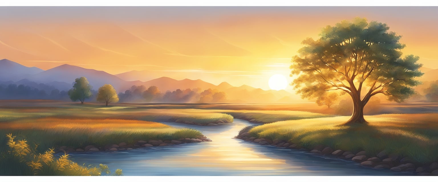 A bright sun radiates warmth over a serene landscape, with vibrant colors and a clear blue sky. A tree stands tall, symbolizing growth, while a stream flows peacefully, representing the flow of positive energy