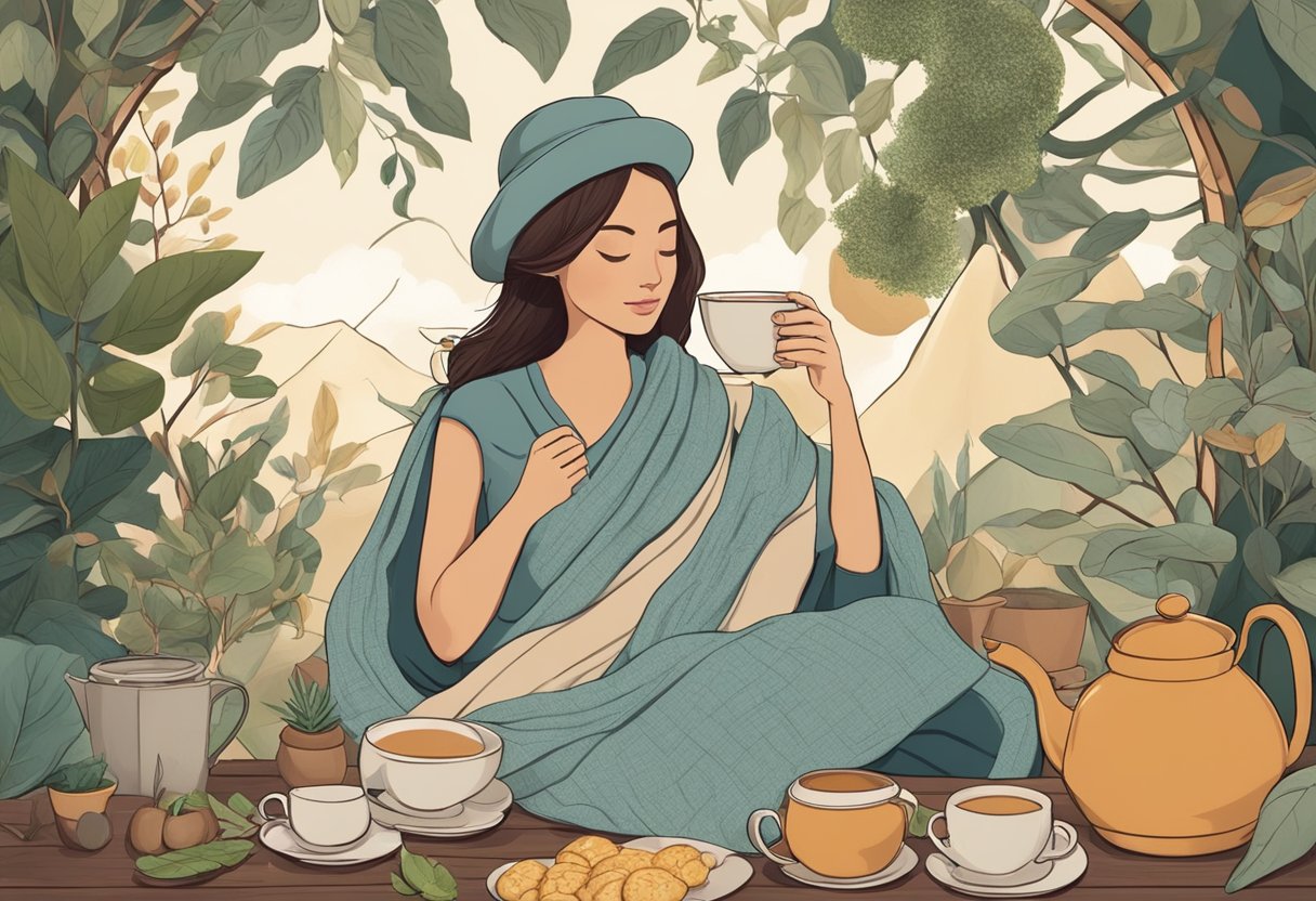 A woman abstains from food, surrounded by calming elements like herbal tea and a cozy blanket