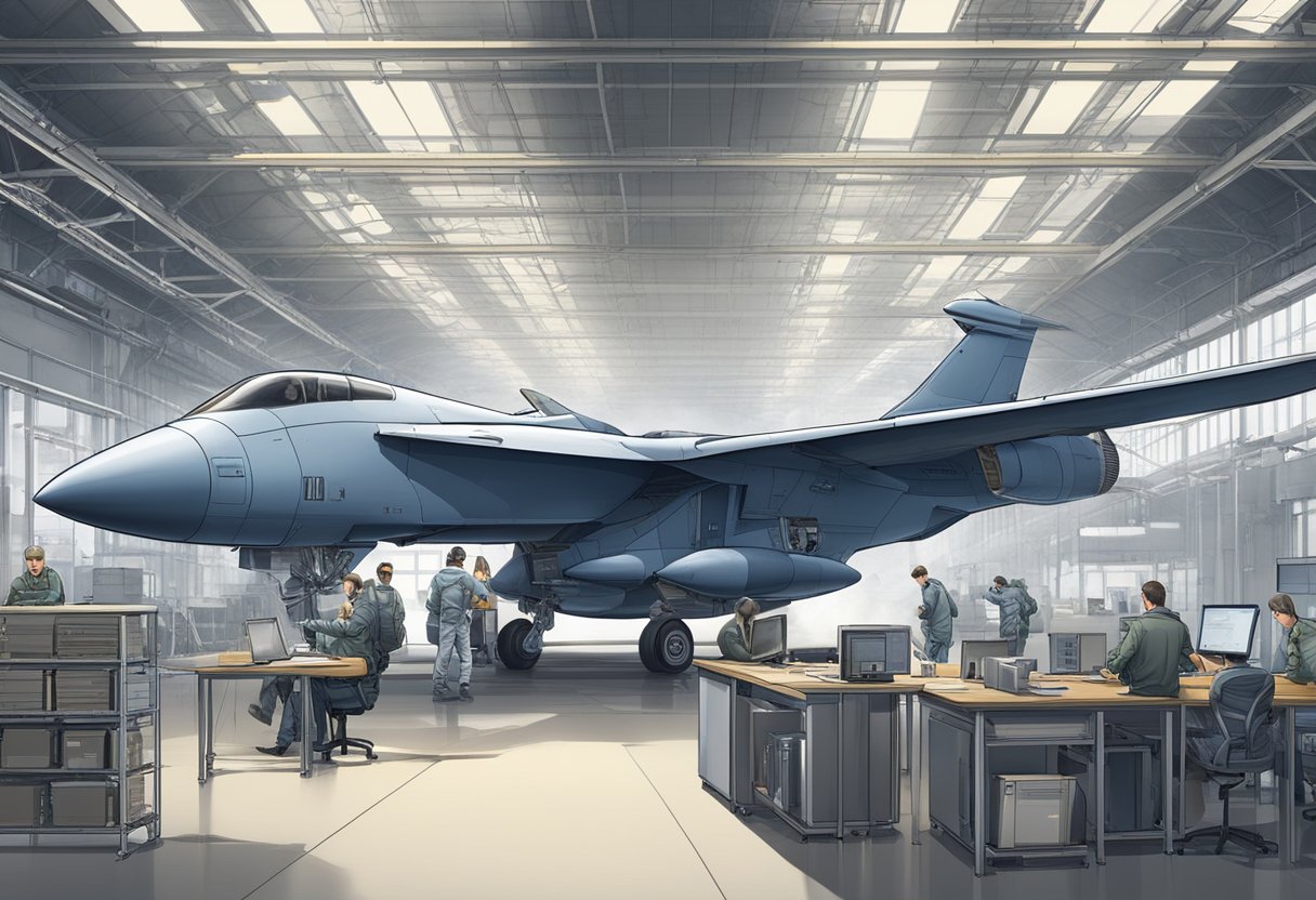 A team of engineers and designers collaborate in a high-tech facility, using advanced software and precision tools to create the blueprint for a cutting-edge military aircraft