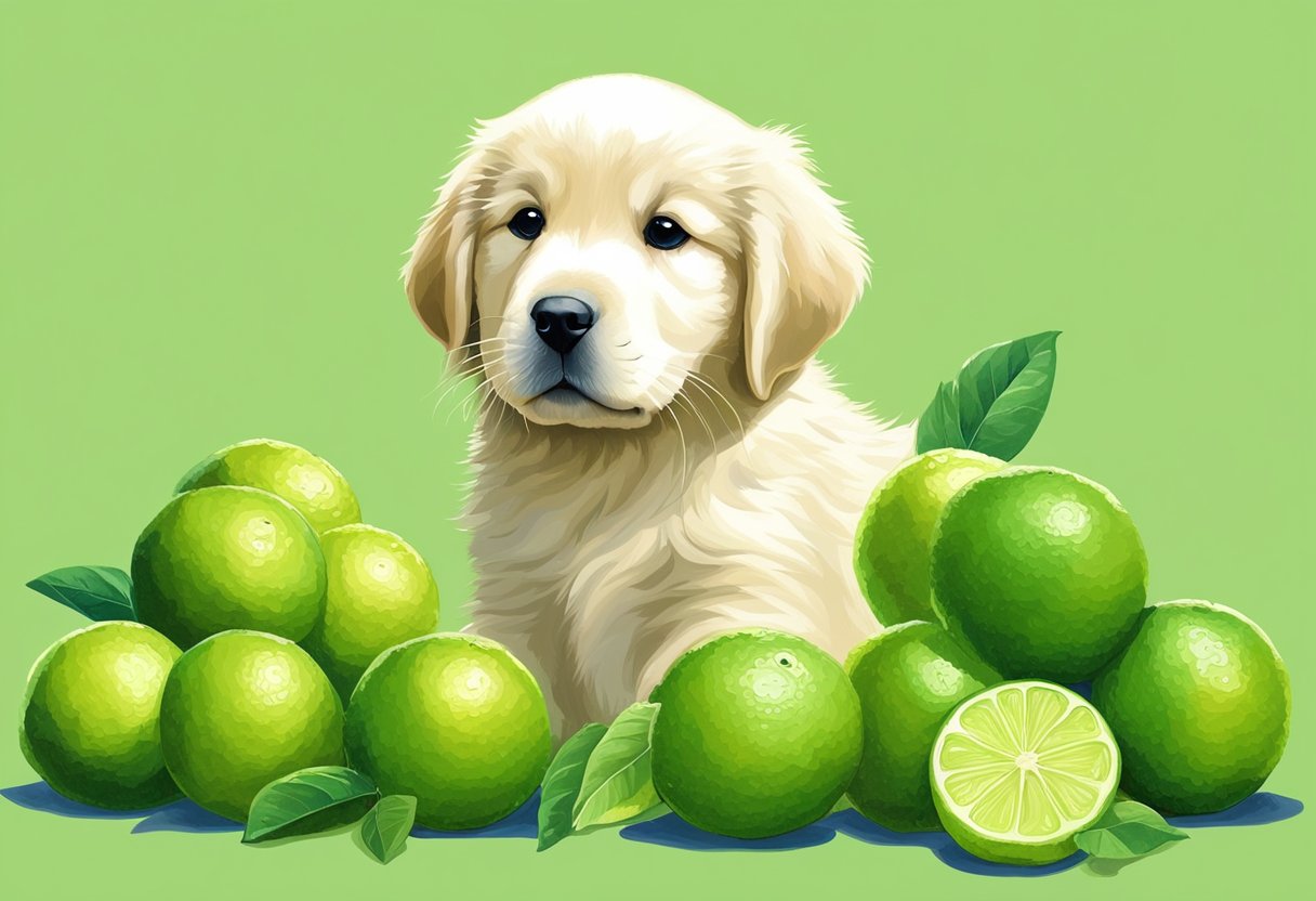 A lime green golden retriever puppy born in Florida, surrounded by key limes, depicting the rare occurrence of the Key Lime State Connection