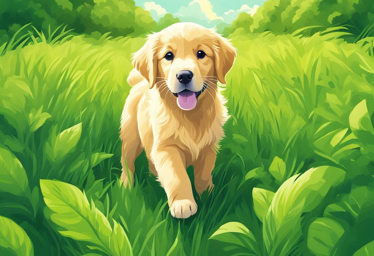 A lime green Golden Retriever puppy stands in a lush green field, surrounded by vibrant foliage. Its bright green fur catches the sunlight, showcasing its unique genetic mutation