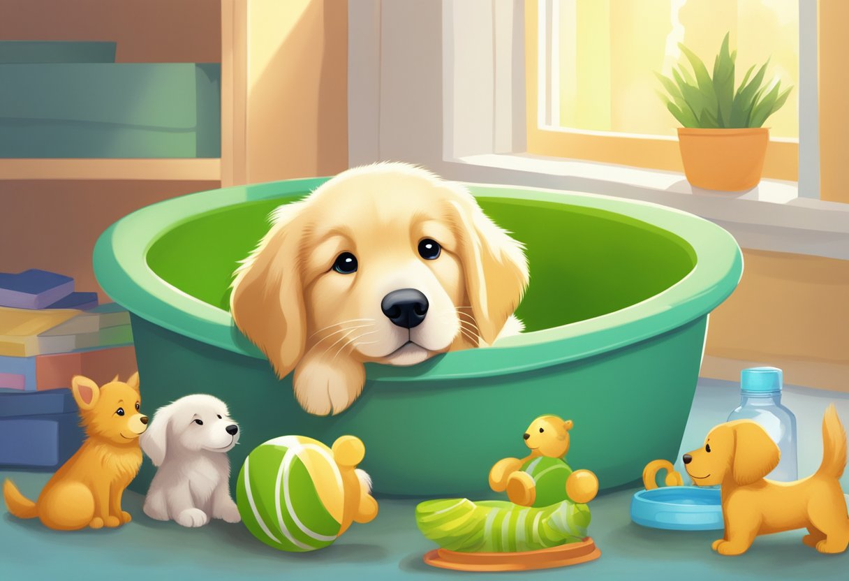A lime green golden retriever puppy lies in a cozy bed, surrounded by toys and a bowl of water. Its fur glistens in the sunlight, and a caring hand reaches out to pet it
