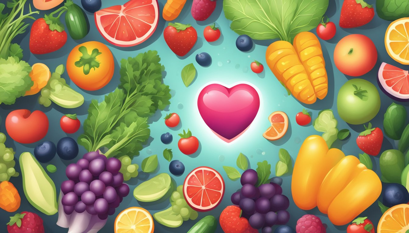 A heart-shaped supplement bottle surrounded by fresh fruits and vegetables, with a glowing heart symbol in the background
