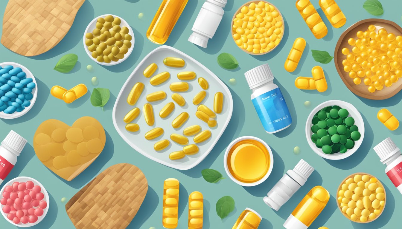A table with heart health supplements arranged neatly, including fish oil, coenzyme Q10, and vitamin D