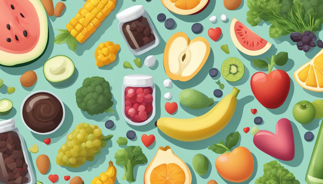A table with various heart health supplements, surrounded by fruits, vegetables, and exercise equipment