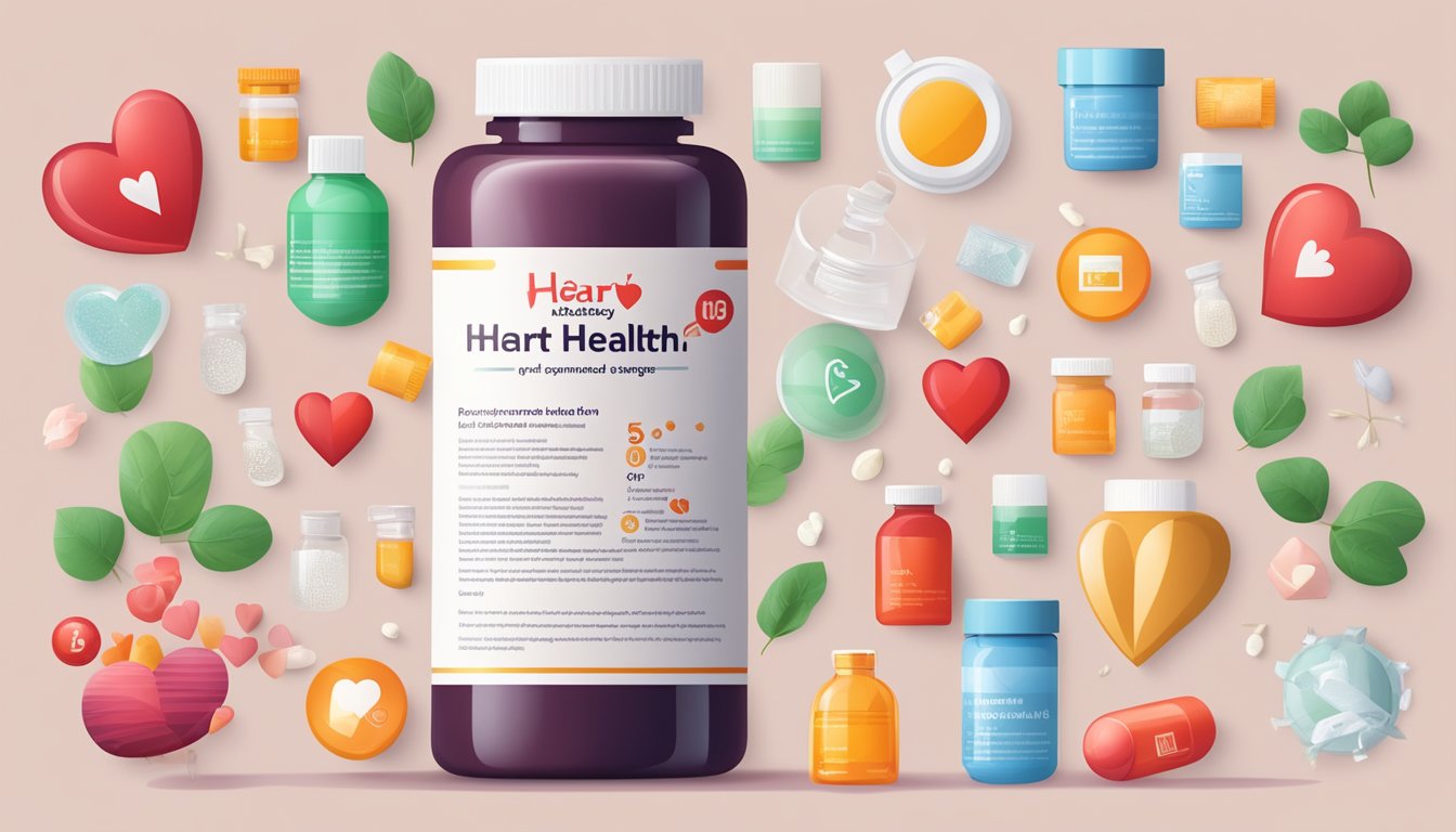 A bottle of heart health supplements surrounded by safety symbols and recommended dosage information