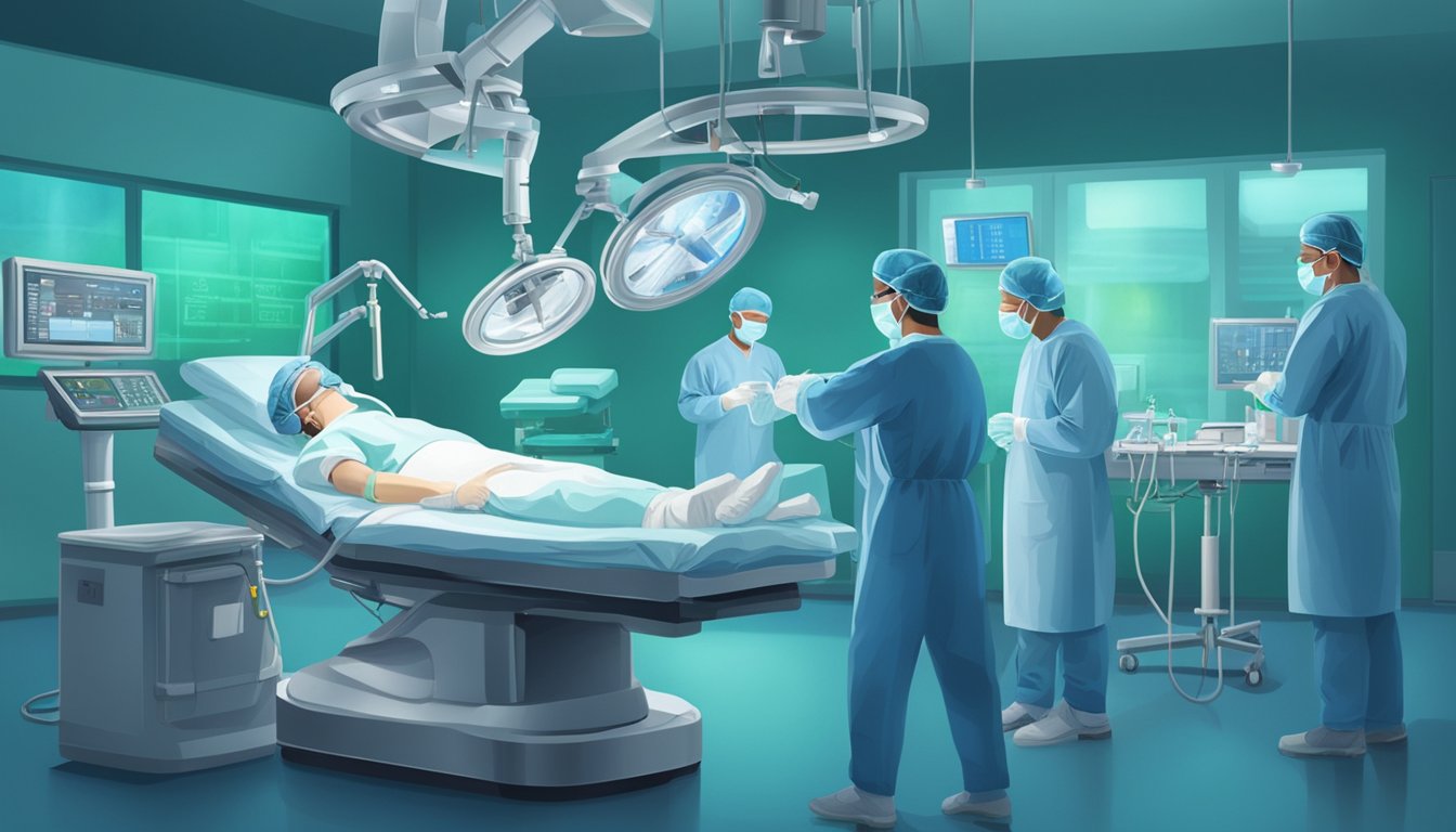 A heart surgery specialist carefully performing a procedure in a well-lit operating room. Instruments and monitors surround the patient on the operating table