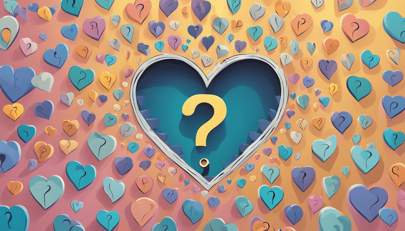 A heart-shaped hole surrounded by question marks, symbolizing confusion and uncertainty about symptoms
