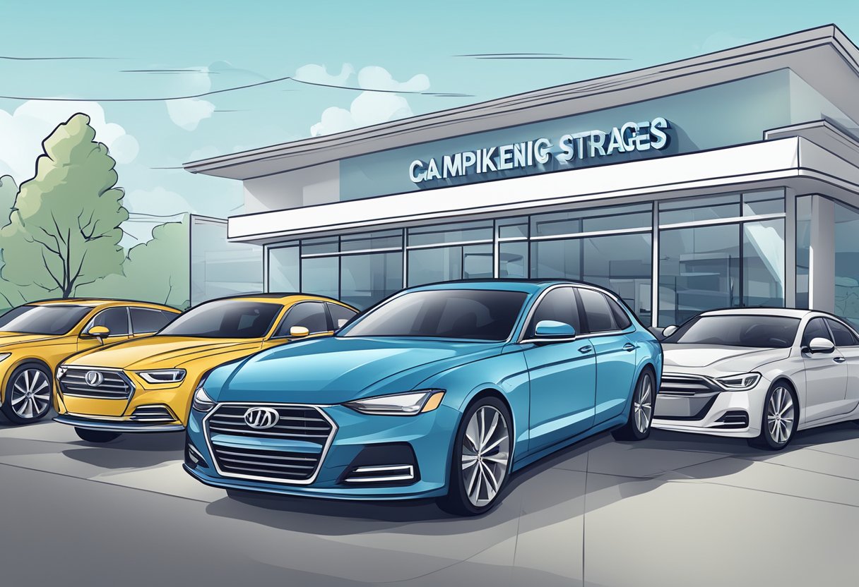 A car dealership with digital marketing strategies in action: social media ads, email campaigns, and website optimization