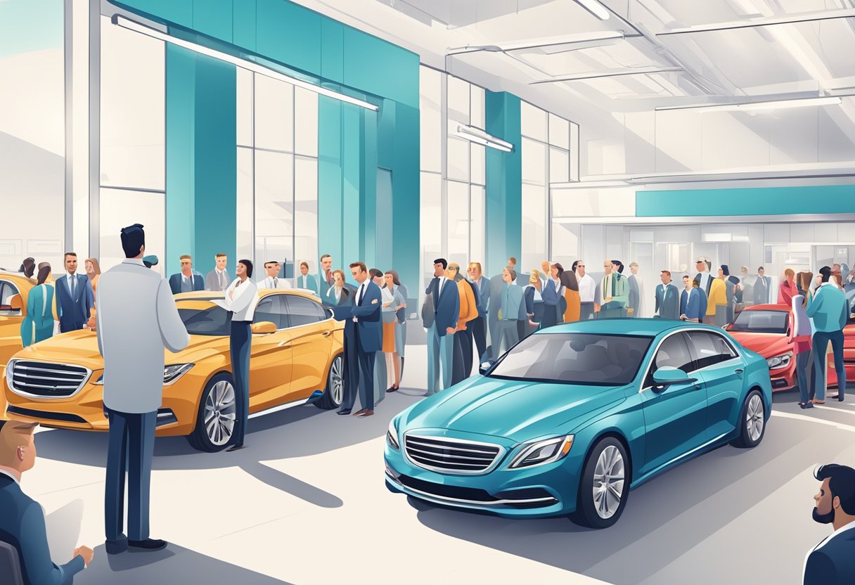 A traditional marketing scene for a car dealership, with a large banner, shiny cars on display, and a crowd of potential customers