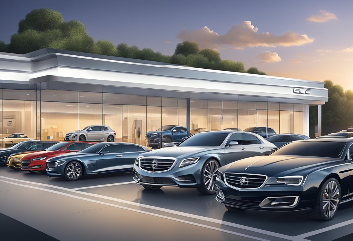 A car dealership with a sleek logo prominently displayed on a modern storefront, surrounded by luxury vehicles and a bustling crowd of potential customers