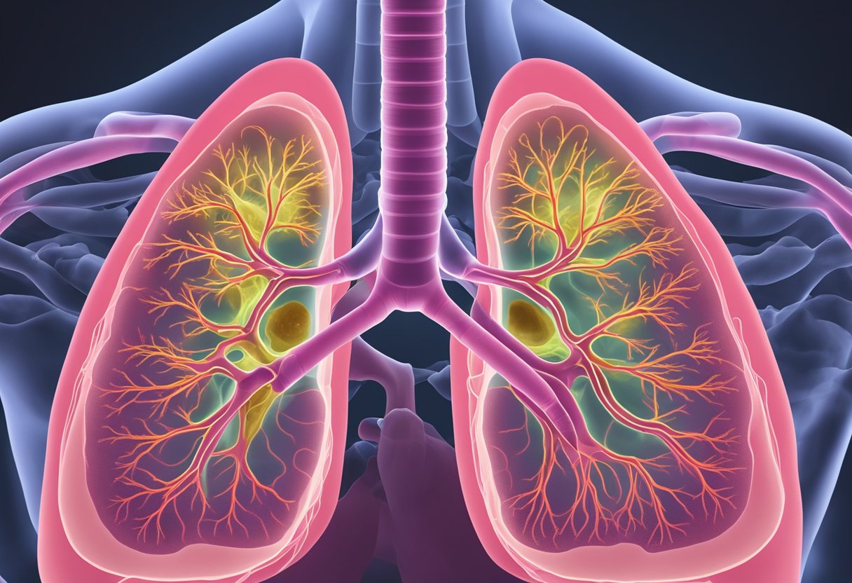 A lung ultrasound image with AI detecting COVID-19, showing a clear and detailed view of the lungs with highlighted areas indicating the presence of the virus