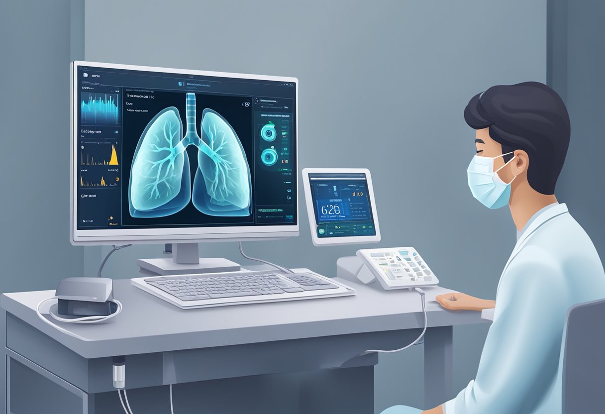 A lung ultrasound machine displaying AI detecting COVID-19 in a medical setting