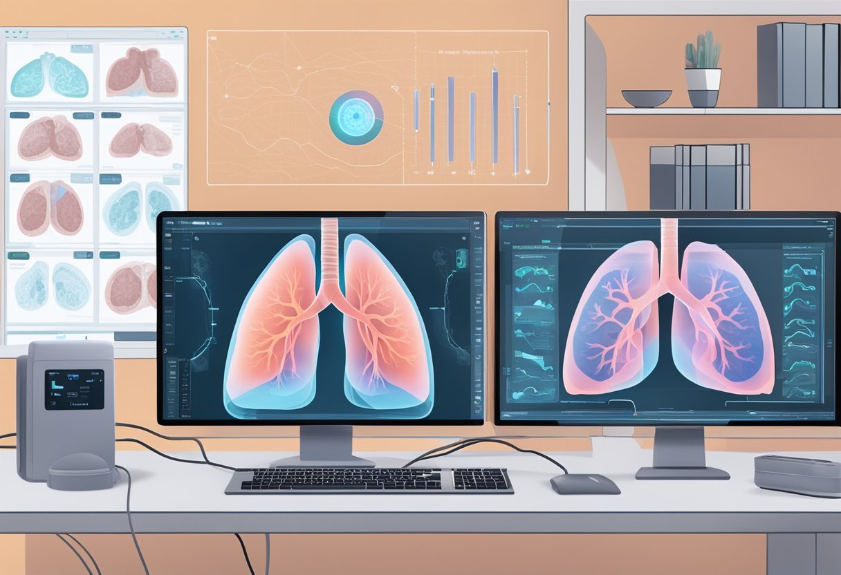 A computer monitor displaying lung ultrasound images with AI detecting COVID-19