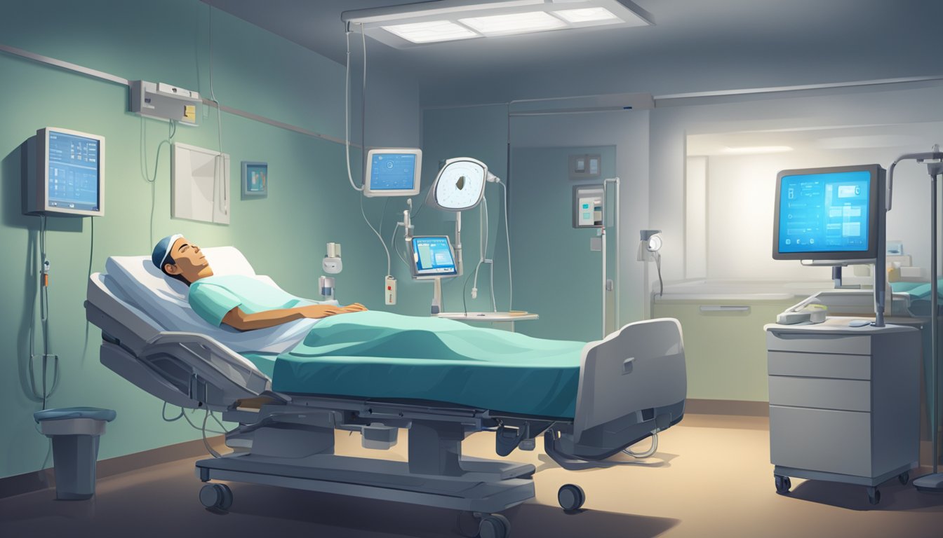 A patient lies in a hospital bed, connected to monitoring equipment. The room is dimly lit, with a sense of calm and stillness