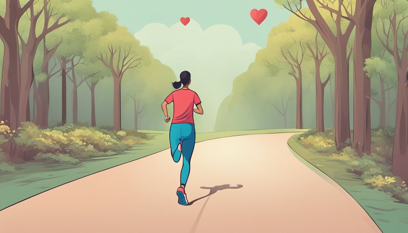 A person jogging on a path with a healthy heart symbol in the background, while a heart disease symbol is fading away