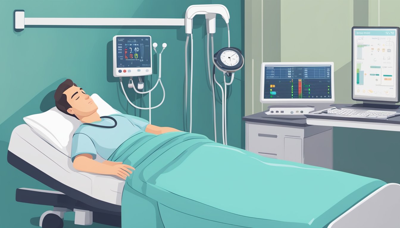 A patient lying in a hospital bed with medical equipment monitoring blood pressure. A doctor adjusting medication dosage