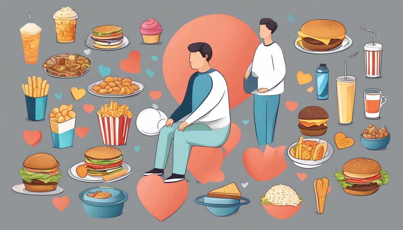 A sedentary figure surrounded by heart disease risk factors like unhealthy food and a lack of physical activity