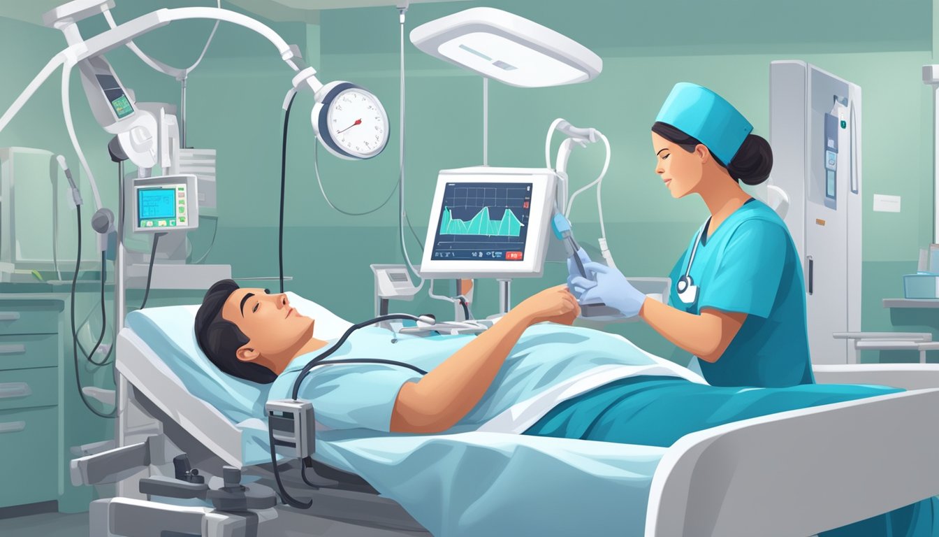 A patient lies in a hospital bed, surrounded by medical equipment. A nurse checks their blood pressure after heart surgery