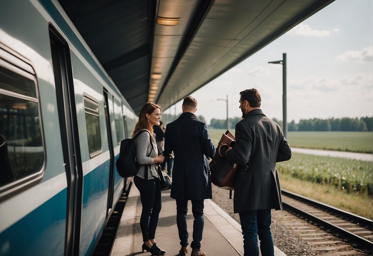 Passengers boarding train in Munich, luggage in hand. Train conductor checking tickets. Scenic countryside passing by as train travels towards Berlin