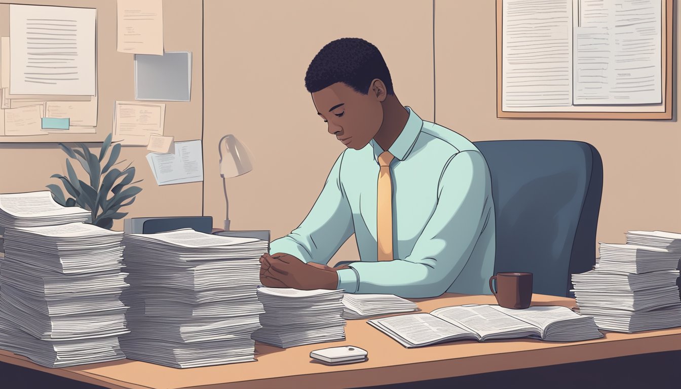 A person sitting at a desk with a pile of unanswered exercise-related questions and a looming shadow of a heart with disease-related words