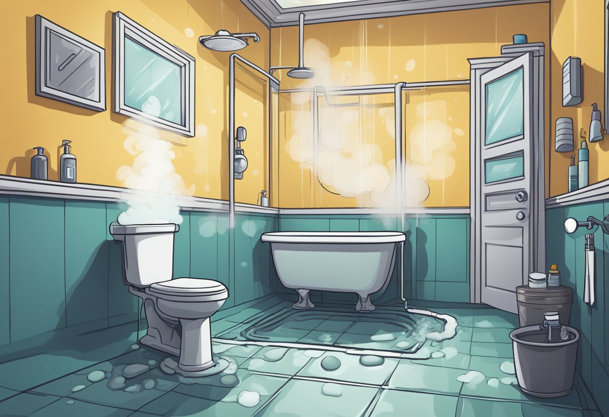 A bathroom with a foul odor emanating from the drain, causing discomfort and disgust. The room is dimly lit, with steam rising from the shower and a plunger and cleaning supplies nearby
