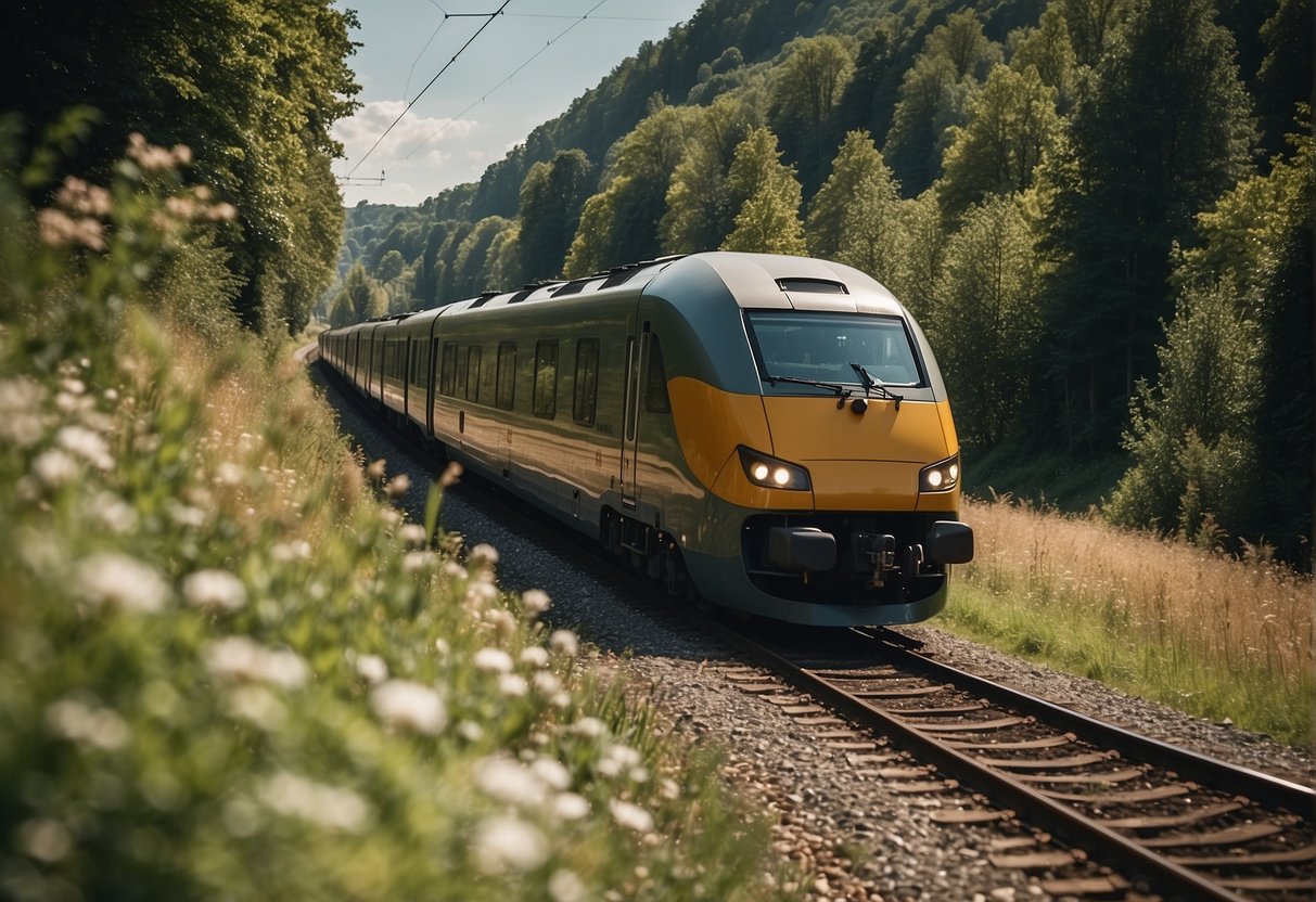 A train speeds through the picturesque countryside from Prague to Berlin, passing by rolling hills and quaint villages along the way