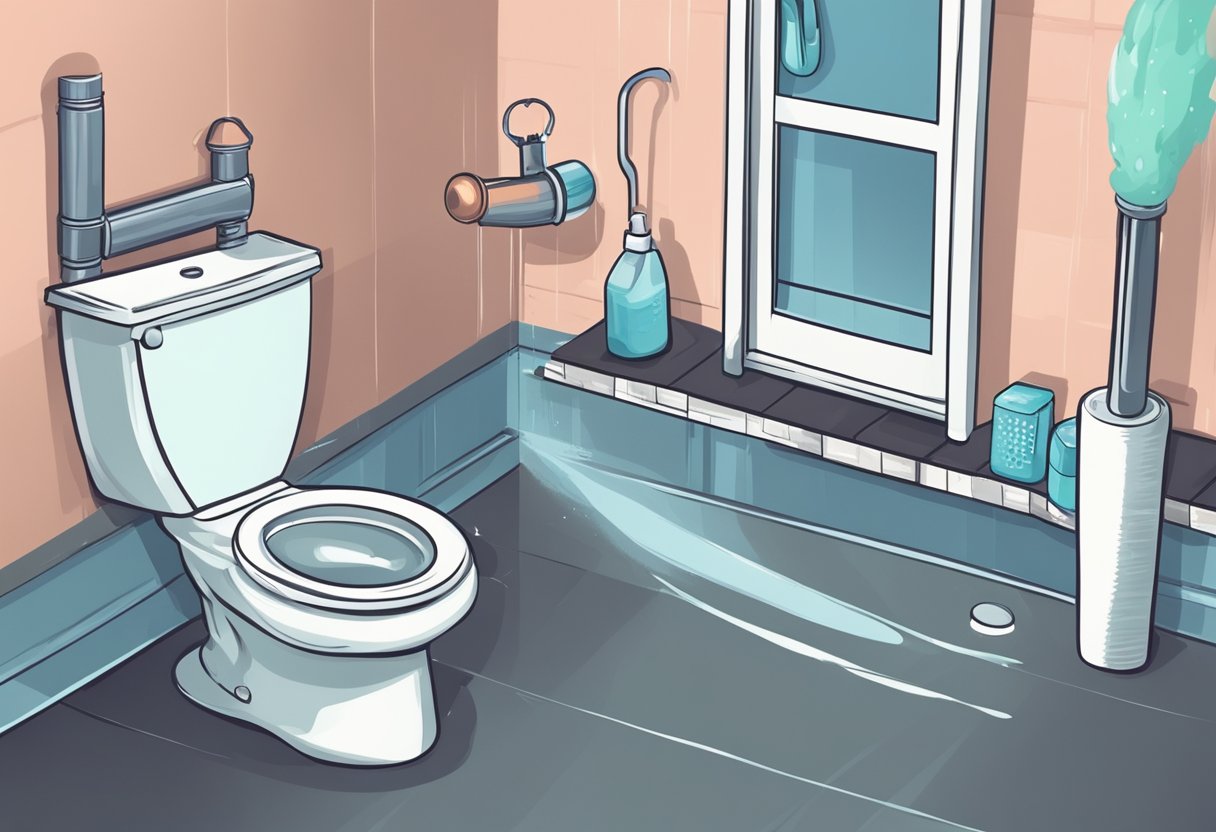 A bathroom with a foul odor emanating from the drain. A plunger and cleaning supplies nearby. A sense of discomfort and urgency to resolve the issue