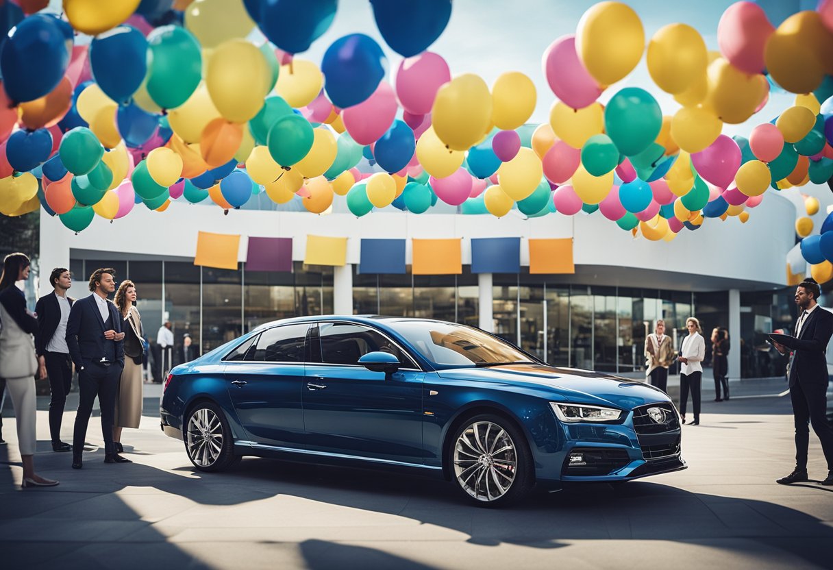 A car dealership with colorful banners and balloons, a sleek car on display, and a crowd of people browsing. The sales team is engaging with potential customers, and a sign promotes special offers