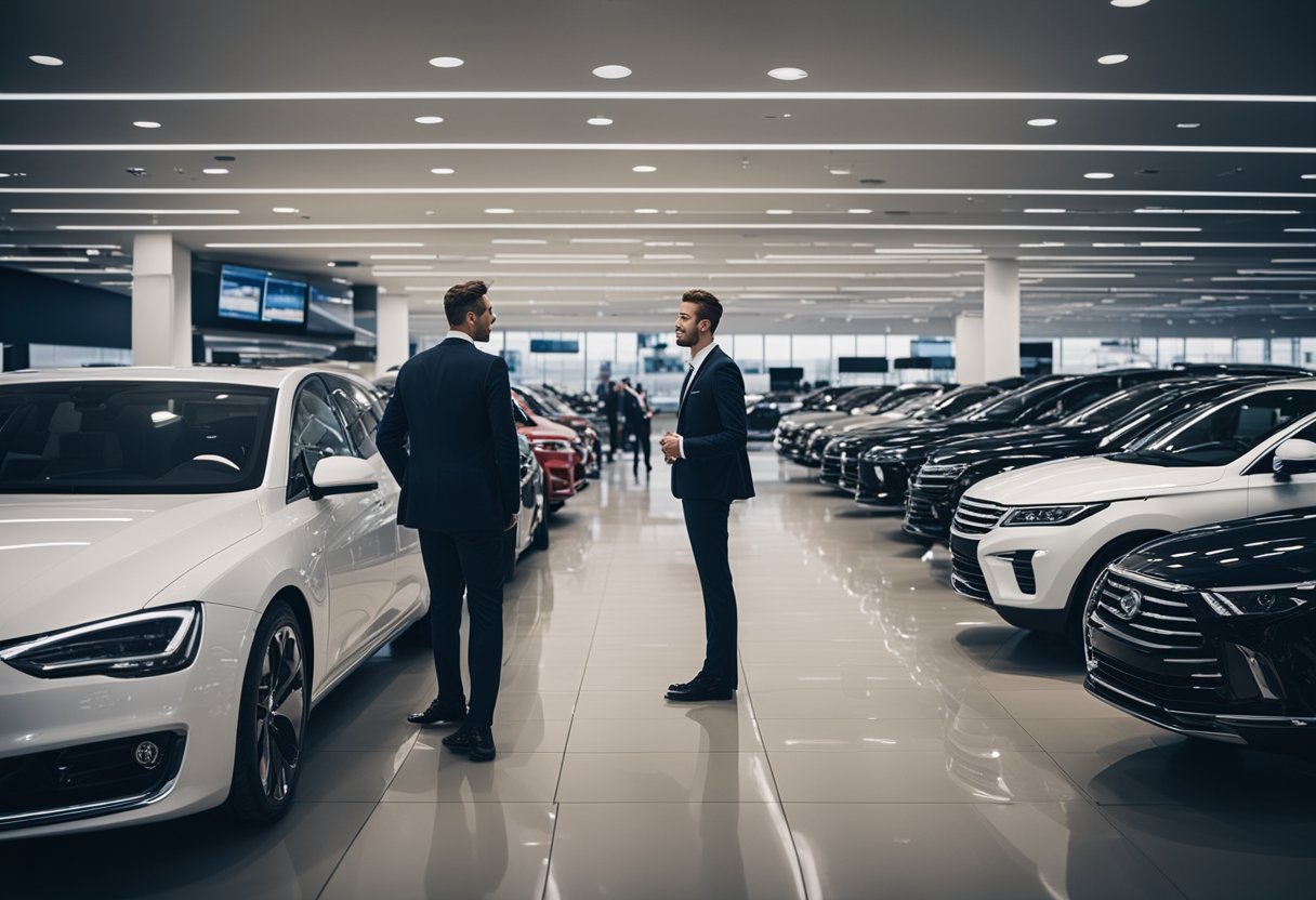 A bustling car dealership with sleek vehicles on display, sales staff engaging with customers, and marketing materials showcasing the latest promotions