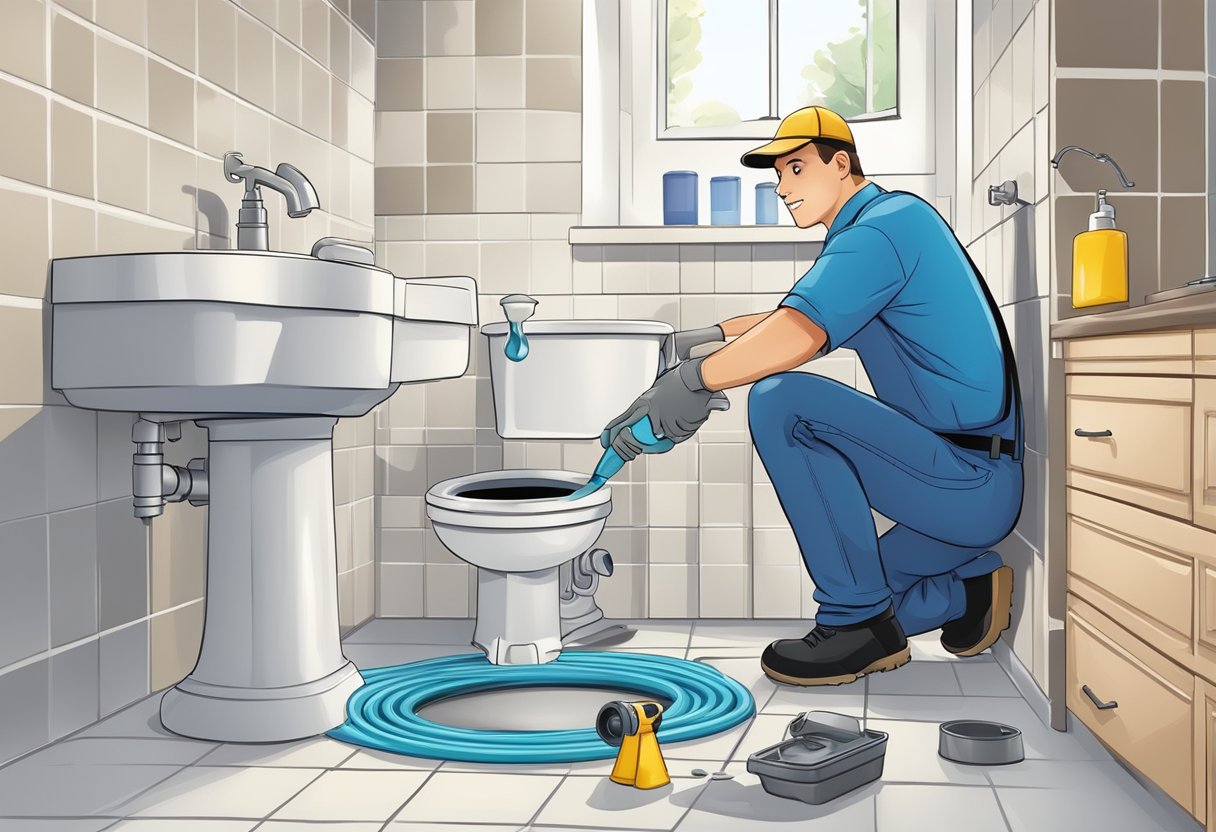 A plumber pouring cleaning solution into a bathroom drain to resolve a sewer smell, with tools and maintenance equipment nearby