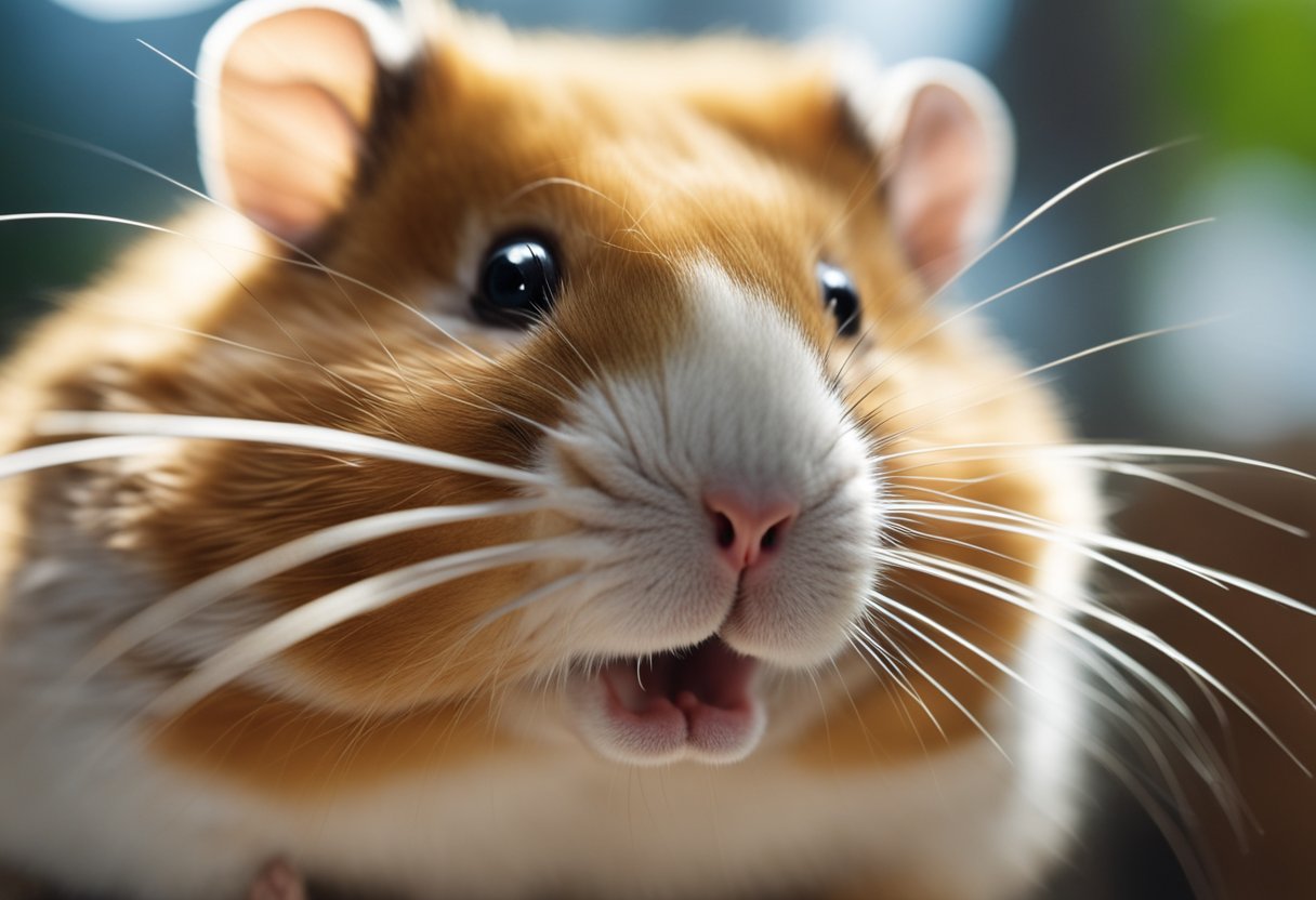 A hamster hisses, baring its tiny teeth and arching its back defensively