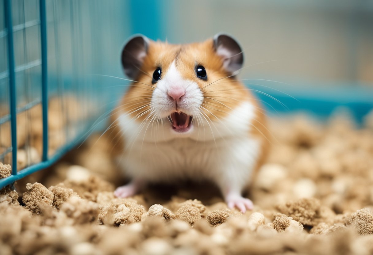A hamster sits in a cage, mouth open, emitting a soft hissing sound