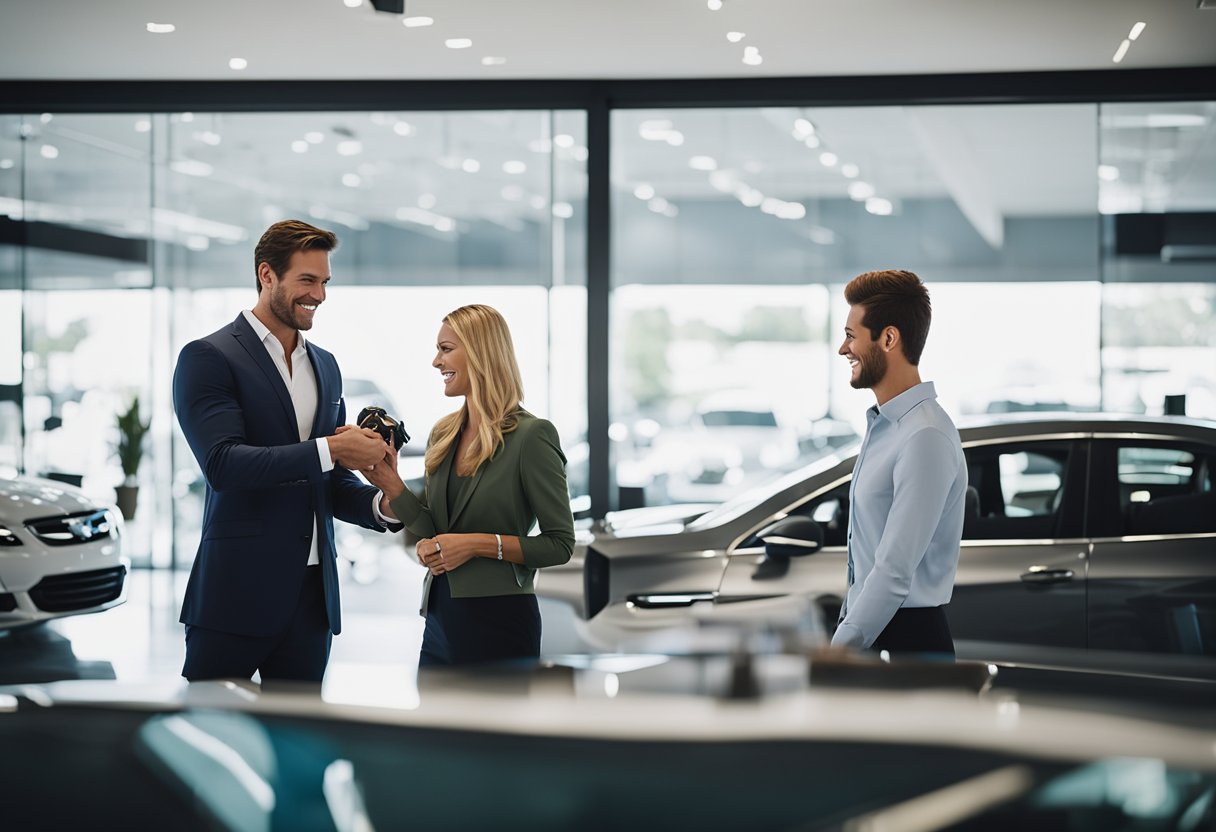 A customer smiling while receiving a personalized gift from a car dealership representative, with a backdrop of a sleek showroom and friendly staff assisting other clients